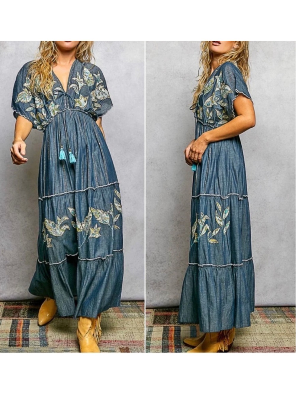 NEW Pol Free People Style Airy Denim Embroidered Patchwork Boho Dress M - Picture 3 of 6